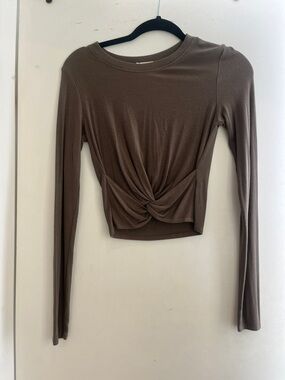 LA made Brown Twist-Knot Long Sleeve Crop Top